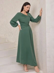 Modelyn Women's Lantern Sleeve Asymmetric Neckline Dress Dress, Elegant Evening Party Maxi Dress Long Evening Dresses - Green - View 5