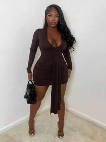 Slaydiva Women's Medium Front Deep V Brown Dress - Brown - View 3