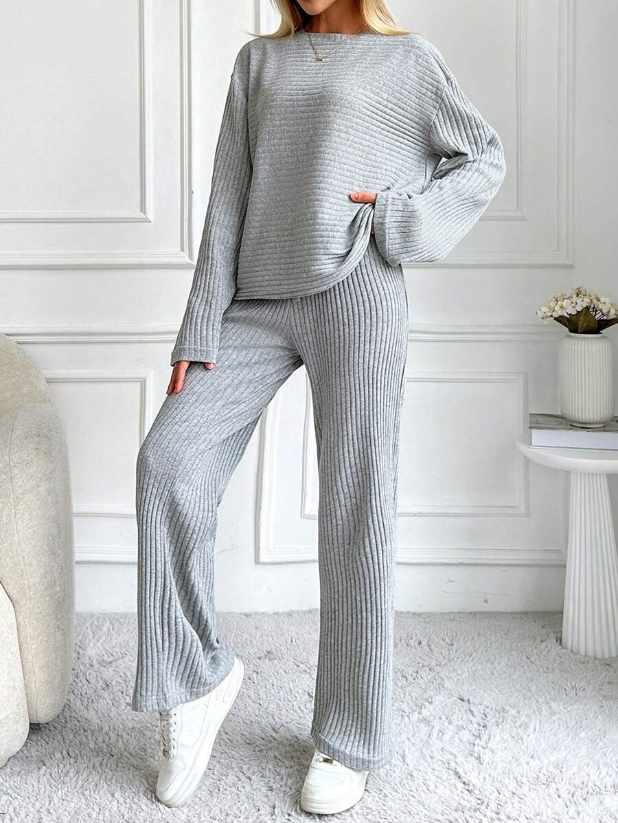 EURMUSE Women's Solid Color Ribbed Knitted 2 Pieces Set - Grey - View 1