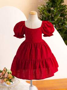 Young Girl Casual Short-Sleeved Woven Solid Color Square Neckline Dress For Daily Wear