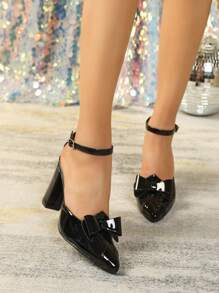 Women's High-Heeled Black Pumps With Chunky Heels, Pointed Toe Hollow Out Cutout One Buckle Strap Versatile Comfortable Shoes - Black - View 2