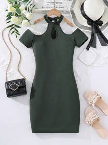 少女針織舒適露肩連衣裙 - 軍綠色 - 查看 1