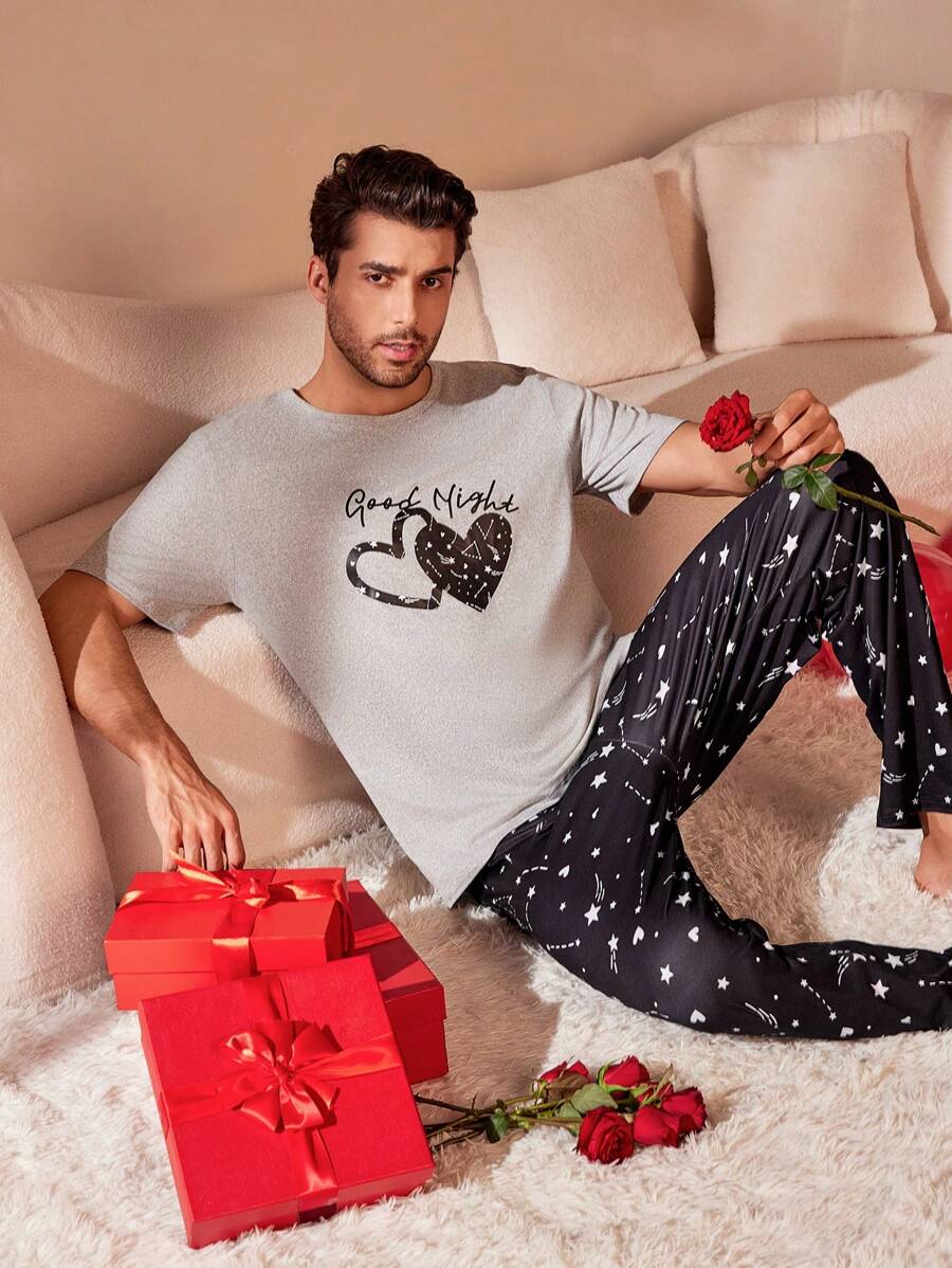 Men'S Heart Pattern Short Sleeve Homewear - Grey - View 1