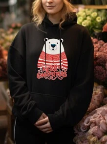 Christmas Print Kangaroo Pocket Warm Lined Hoodie - Black - View 1