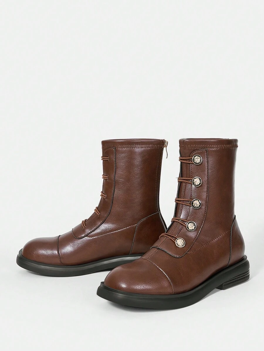 女士時尚棕色扁平中筒靴 - 棕色 - 查看 1