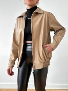 EURMUSE Women'S Drop Shoulder Long Sleeve Leather Jacket - Beige - View 1