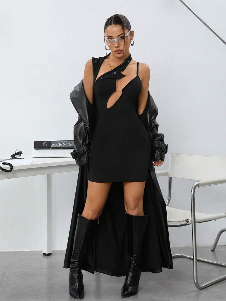 Y2k Summer Women's Asymmetrical Neckline Hollow Out Black  Bodycon Mini Dress