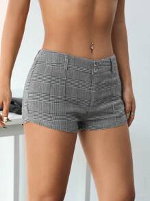 SHEIN ICON Y2k夏季女式格紋超低腰超短熱褲 - 灰色 - 查看 3