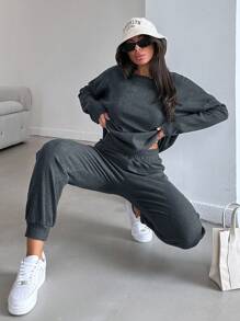 RueChic Women'S Solid Color Long Sleeve Top And Joggers Set - Grey - View 3
