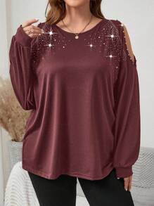 SHEIN LUNE 大尺碼女水鑽裝飾露肩長袖圓領 T 卹 - 酒紅色 - 查看 5