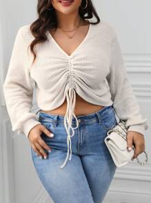 Calvaya 大码女式褶饰灯笼袖 T 恤 - 杏色 - 查看 1