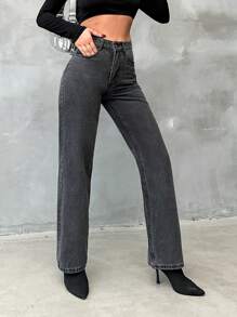SHEIN PETITE Solid Color Straight Leg Jeans - Grey - View 3