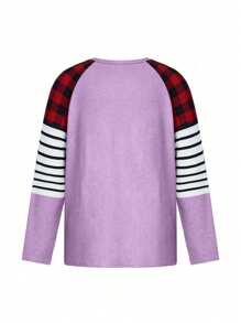 SHEIN LUNE 大碼條紋格子拼接t恤,心形印花款式 - 紫色 - 查看 2