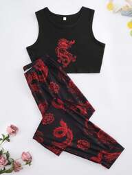 Chinese Dragon Print Pajama Set