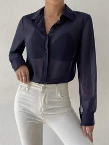 SHEIN Essnce Women's Sheer Long Sleeve Mesh Blouse - Royal Blue - View 7