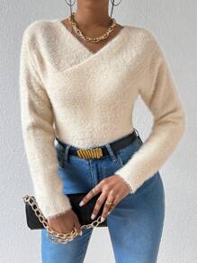 Zolique Women'S V-Neck Batwing Sleeve Sweater (Synthetic Fur) Knit Pullover Fall Winter Outfit - Apricot - View 6