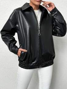 EURMUSE Women'S Drop Shoulder Pu Jacket - Black - View 5