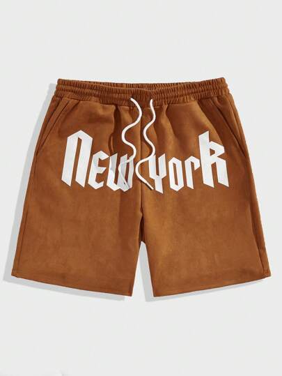 Street Life شورت رجالي من الجلد السويدي الصناعي مطبوع عليه حروف، مثالي للارتداء اليومي في الربيع والصيف