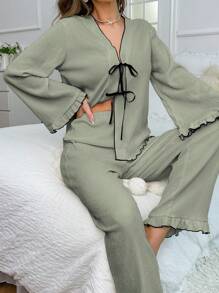 Contrast Color Tie Front Pajama Set With Ruffle Trim Detail