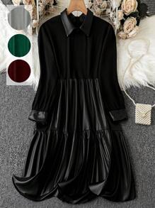 大尺碼女士色塊立領拼接 Pu 皮鉚釘縫邊連衣裙 - 淺灰色 - 查看 1