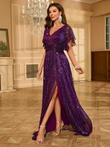 UNITHORSE 女士优雅亮片荷叶边开衩下摆短袖派对连衣裙 - 紫色 - 查看 3