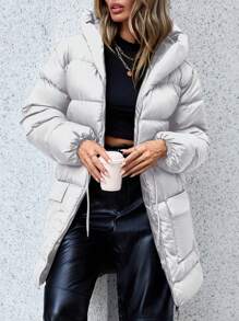 EURMUSE Flap Pocket Drawstring Waist Hooded Puffer Coat - White - View 1