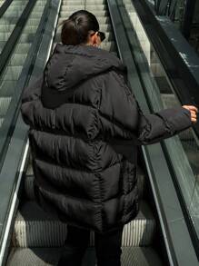 EURMUSE Women's Solid Color Hooded Padded Jacket - Black - View 2