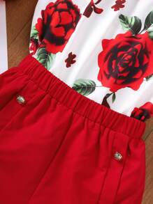 Tween Girls' Floral Printed Halterneck Top With Solid Color Shorts Set, Summer,Holiday,Summer,Travel - Multicolor - View 5