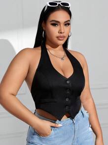 SHEIN EZwear Übergröße, Geknotetes Rückenteil, Mit Knöpfen Versehenes Halter Top - Schwarz - Übersicht 4