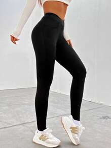 SHEIN EZwear 女士不对称腰部紧身裤 - 黑色 - 查看 2