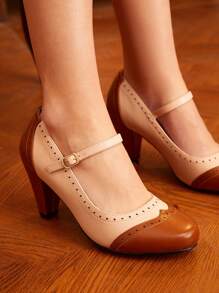 CUCCOO DOLLMOD Two Tone Vintage Pattern High-Heeled Pumps For Summer Graduation Heels Prom Heels Vacation Shoes Summer Spring Shoes Spring Break Easter - Camel - View 2