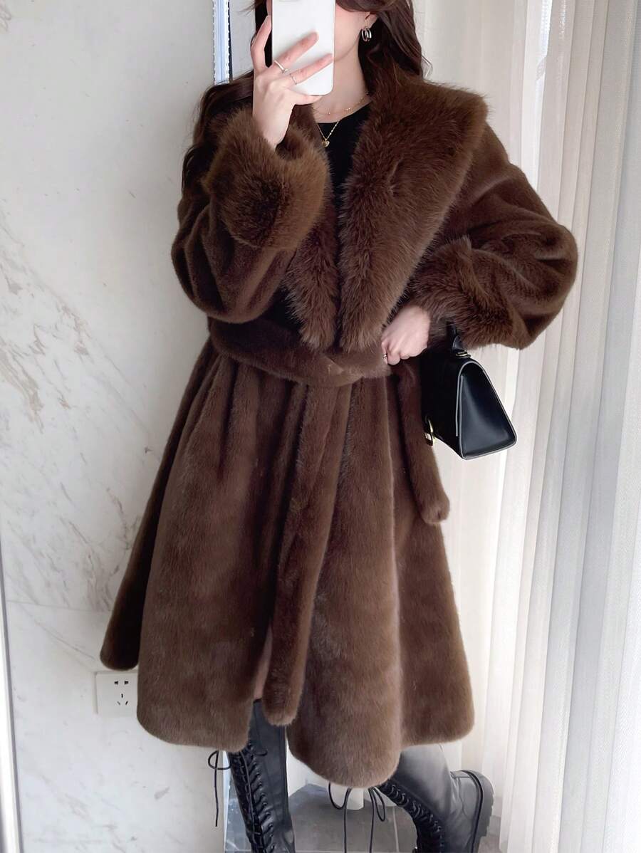 Solid Belted Fuzzy Coat - Coffee Brown - View 1
