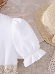 SHEIN Tween Girls' Round Neck Embroidered Puff Sleeve Woven Dress - White - View 7