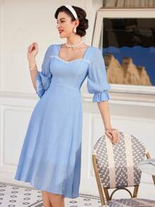 Vintamour Damen Kleid Mit Volantärmeln Und Herzförmigem Ausschnitt, Sommerkleidung - Blau - Übersicht 5
