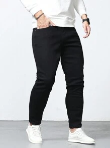 Manfinity Homme Men's Plus Size Solid Color Jeans, Plain Slim Fit Long Plain Black Dark Jeans Washed Cargo Jeans, For Husband, Boyfriend Gifts Going Out Hang Out Commute Work Vacation - Black - View 6