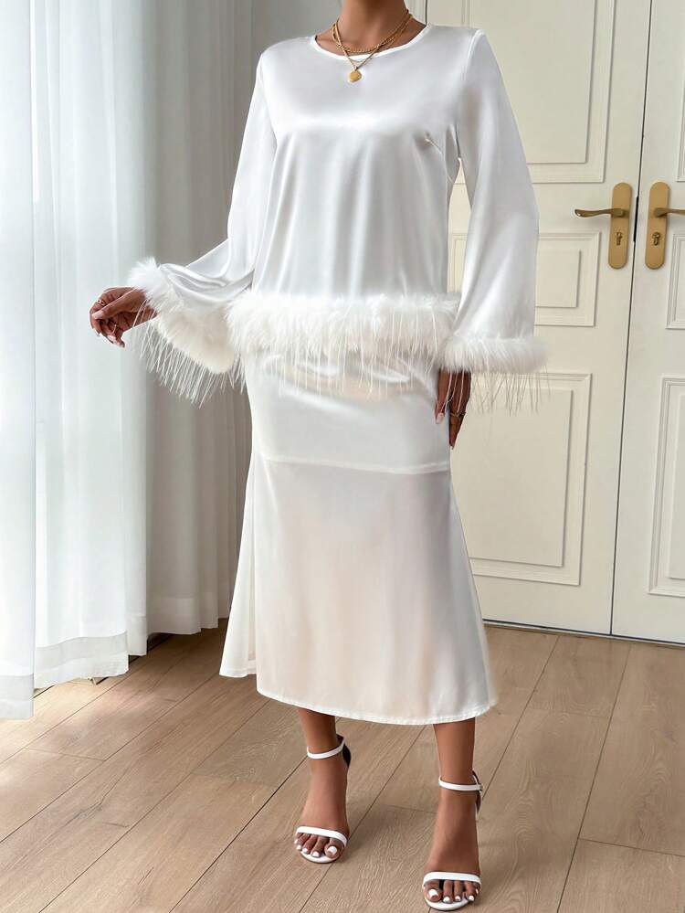 Women'S Solid Color Furry Splice Top And Skirt Set