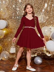 SHEIN Vestido Feminino De Malha Elegante De Manga Comprida Ondulado