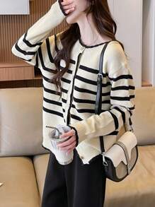 Ladies' Casual Minimalist Striped Cardigan Sweater - Beige - View 3