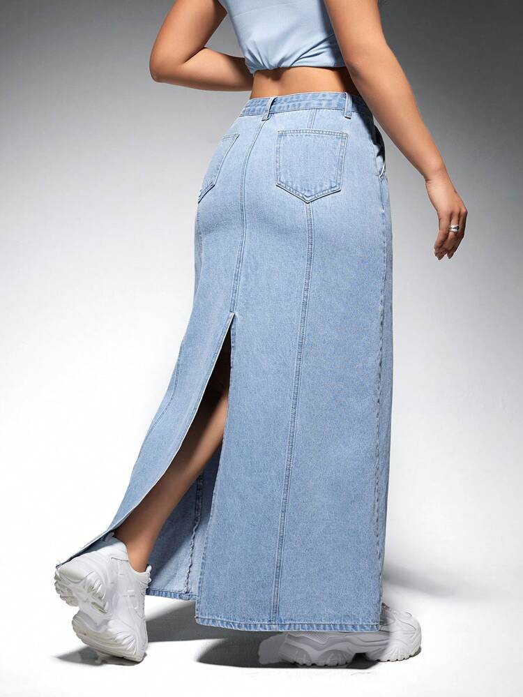 Women'S Light Blue Washed Long Denim Skirt With Side Slits