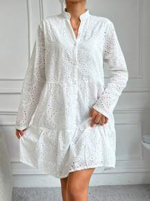 RueChic Solid Color Hollow Out Embroidered Notched Neckline Dress - White - View 5