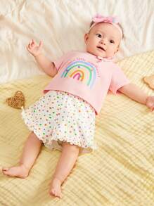 SHEIN Newborn Infant Baby Girls' Rainbow Letter Printed Short Sleeve Top And Polka Dot Shorts 2pcs Outfits - Multicolor - View 5