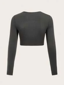 SHEIN BASICS Round Neck Long Sleeve Cropped T-Shirt - Grey - View 2