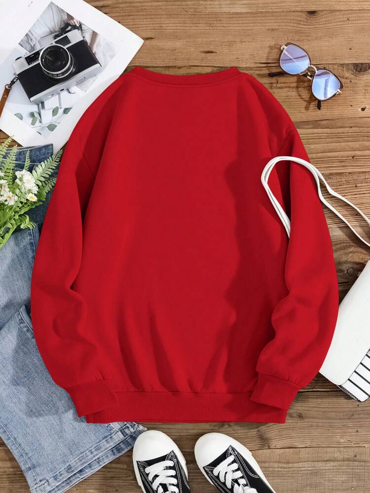 Plus Size Sweatshirt With Slogan And Floral Print, Warm Lining Pullover Fall