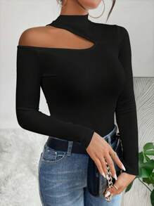 SHEIN PETITE Women's Stand Collar Hollow Out Long Sleeve T-Shirt