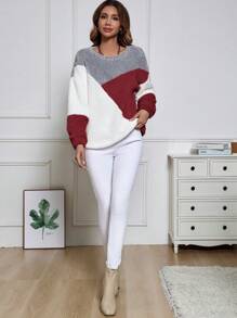 SHEIN LUNE 女款色塊圓領毛絨衛衣 - 酒紅色 - 查看 3