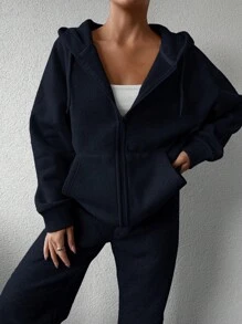 SHEIN Cottnline 女式帶帽拉鍊衫 - 藏蓝色 - 查看 3