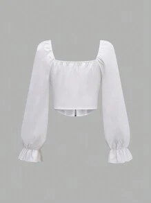 SHEIN Unity Solid Color Sweetheart Collar Zip-Front Shirt - White - View 2