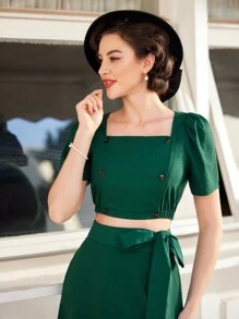 Vintamour Crop Top & Puff Short Sleeve Square Neck Top And Skirt Set