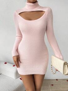 Chiquease Turtleneck Cut Out Front Sweater Dress - Pink - View 3