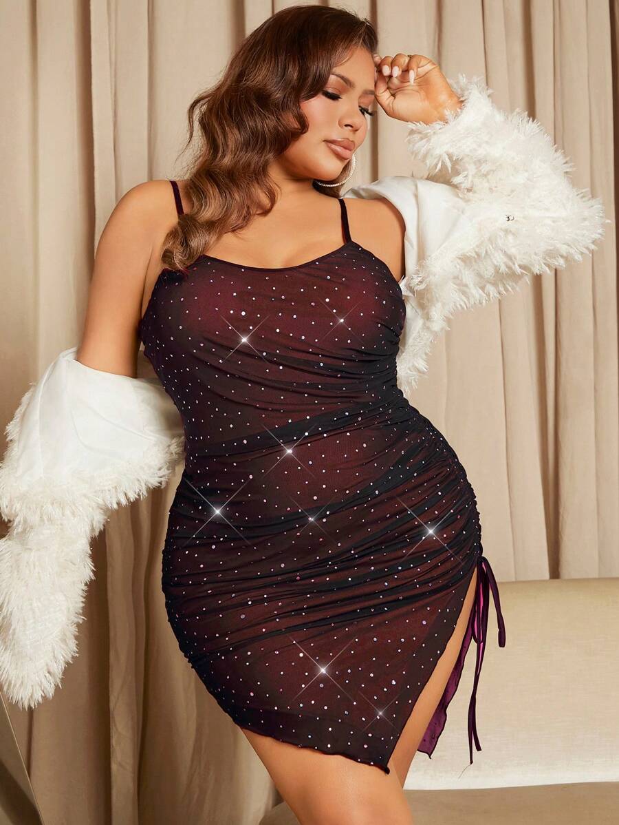 SHEIN SXY Kích thước lớn Của phụ nữ Sáng bóng Dây đeo Mì Ý  Xếp li Đầm - Màu Đỏ Sâu - Xem 1